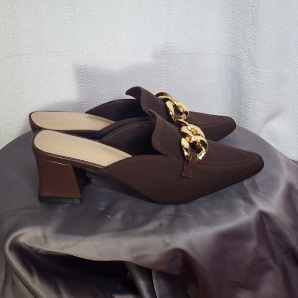 Newbella Chocolate Brown Pointed Toe Square Heel Gold Tone Chain Dress Mule 7.5 - Picture 4 of 16